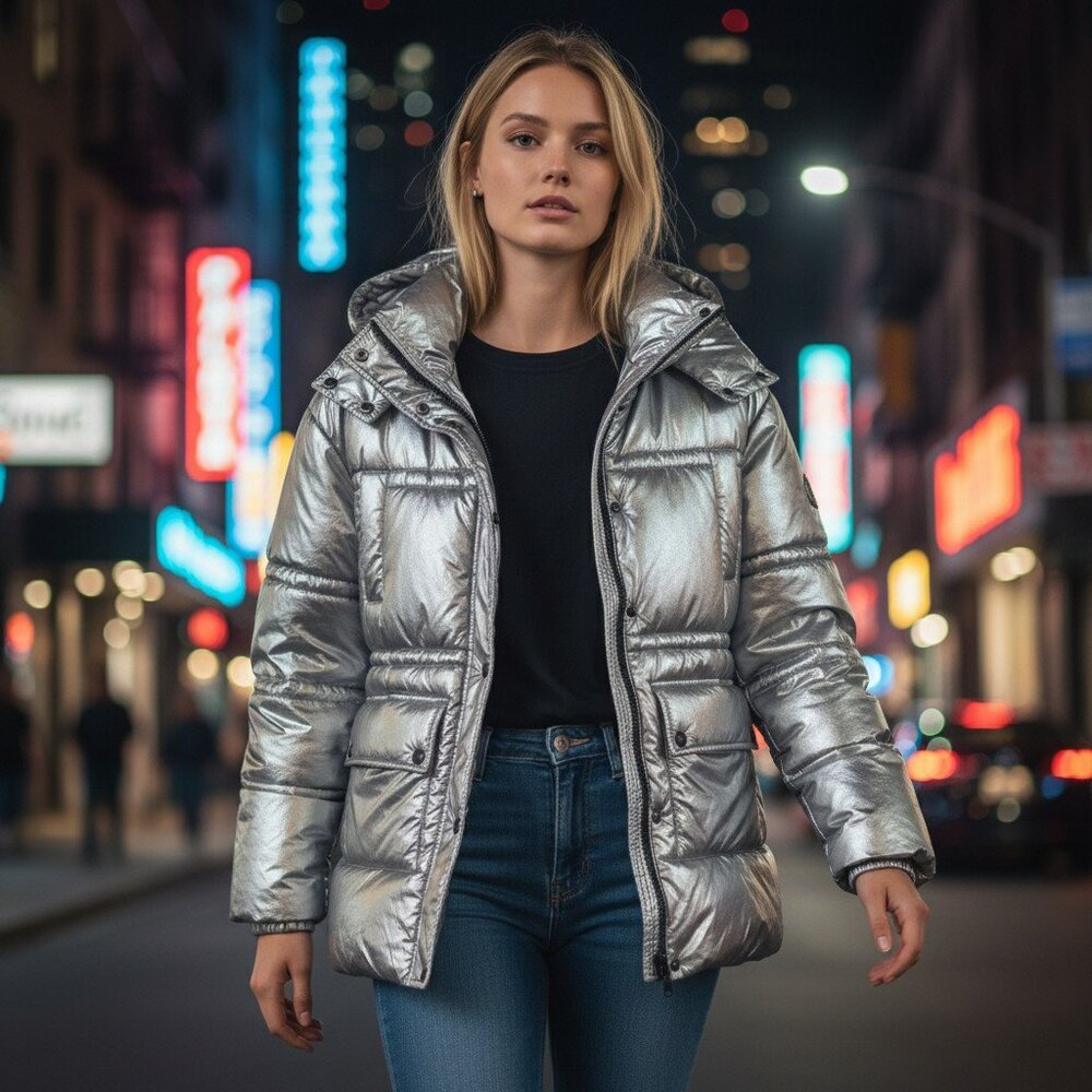 Urban Outfitters Oversized Silver Metallic Hooded Puffer Jacket Small FUTURISTIC